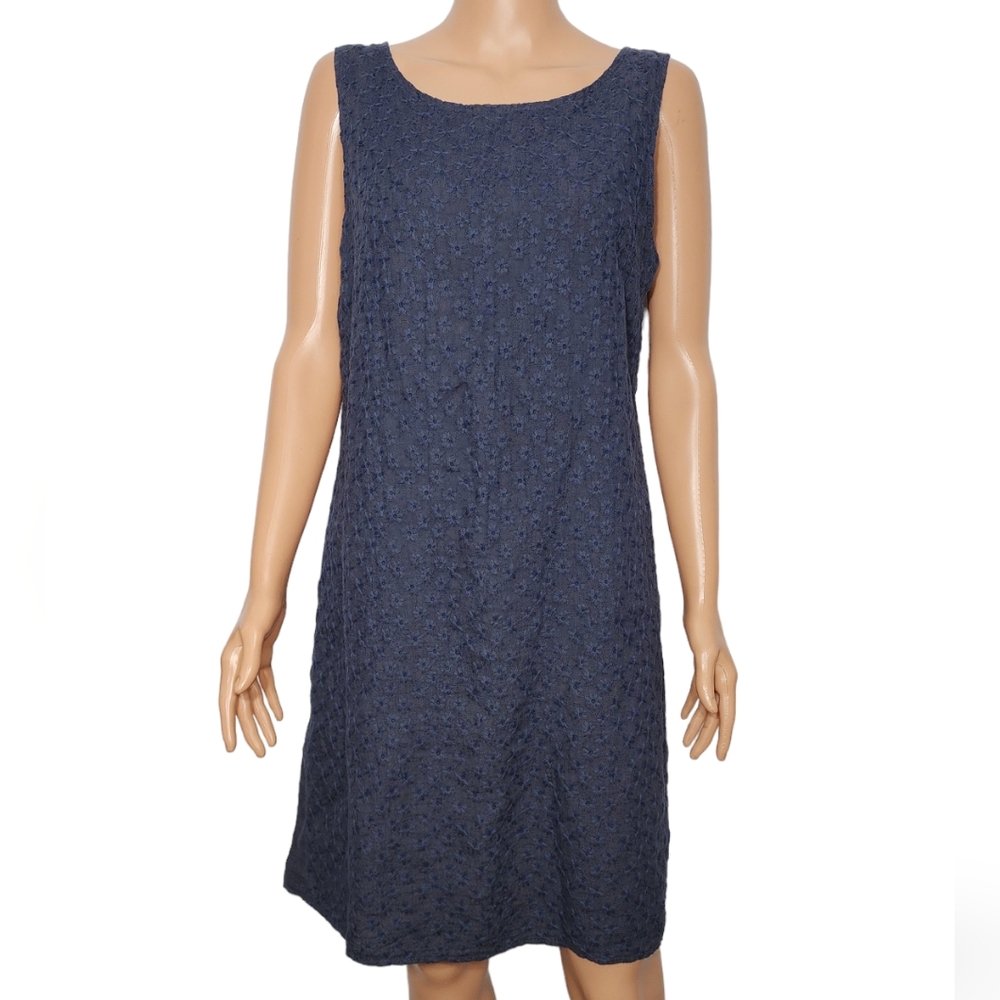 LINA TOMEI Women's Sz M Dress Blue Linen Embroidered Flowers Side Stretch Panels